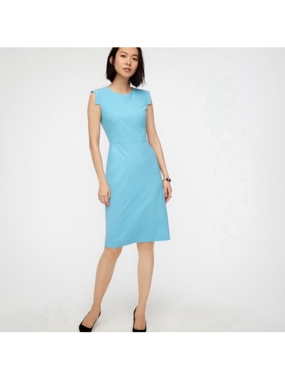 J. Crew Italian Stretch Wool Light Blue Cap-Sleeve Sheath Midi Dress